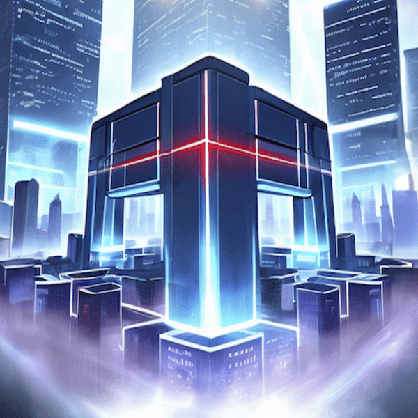 A futuristic secure castle in blue against a backdrop of a futuristic city.