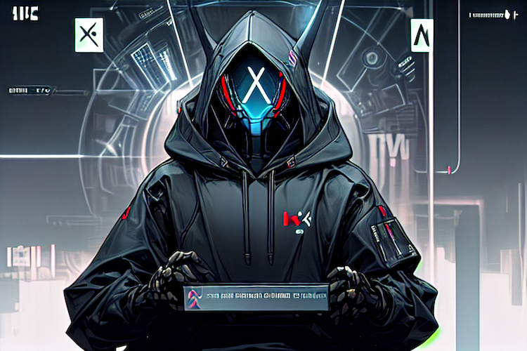 Futuristic robot in a hoodie sat behind a bench and holding some sort of data storage.